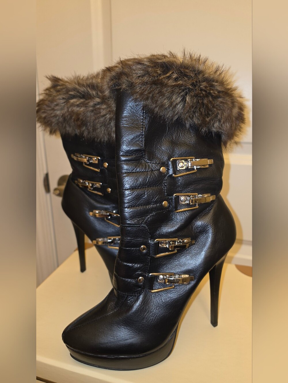 Black Faux-Fur Trim High-Heel Ankle Boots